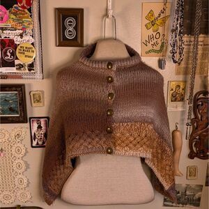 Knit Sweater Button Down Shawl Capelet Women's XS Purple Earth Tone